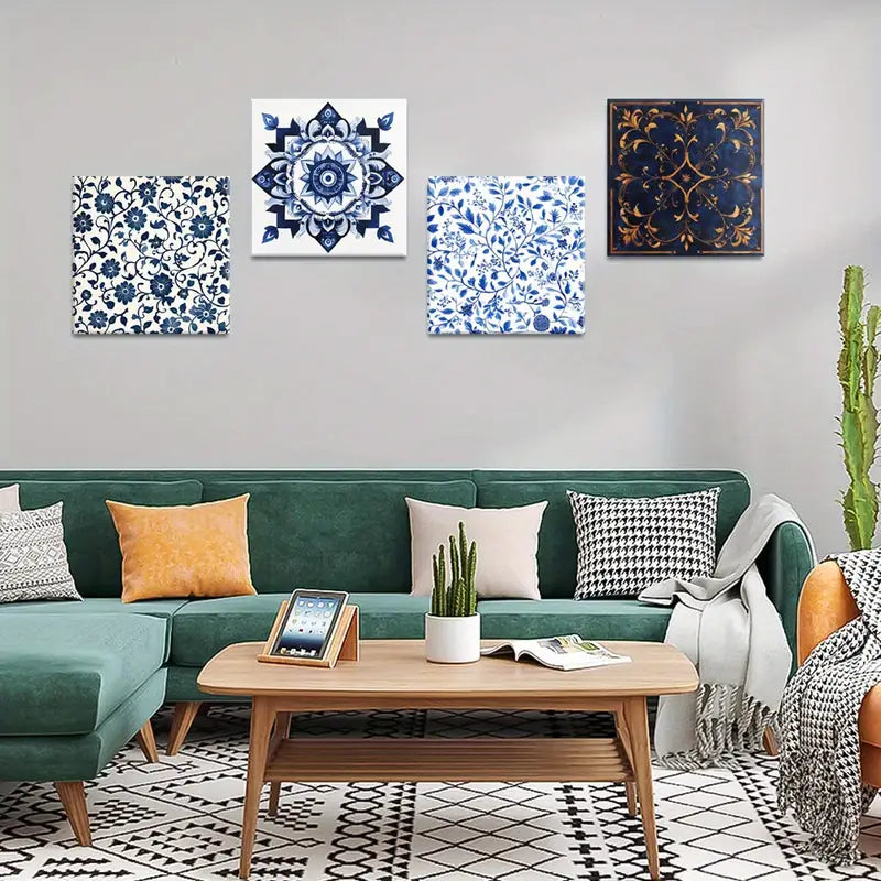 4pcs Blue Color Square Room Aesthetic   Wall Art Canvas Framed