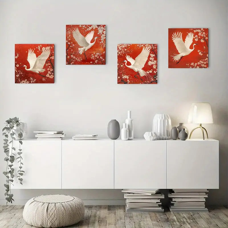 4pcs Red Crowned Crane In Flight With Cherry Blos  Wall Art Canvas Framed