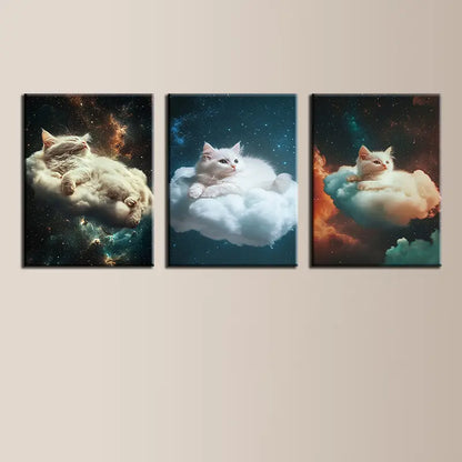 3pcs Whimsical Cat Cloud Elegant Painting Metal Print Ready to Hang Art