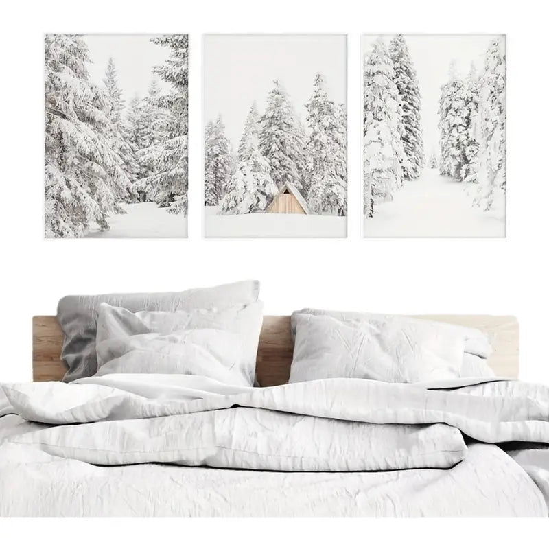 3pcs Winter Forest Wall Art - Snow-Covered Pine Tr Metal Print Ready to Hang Art
