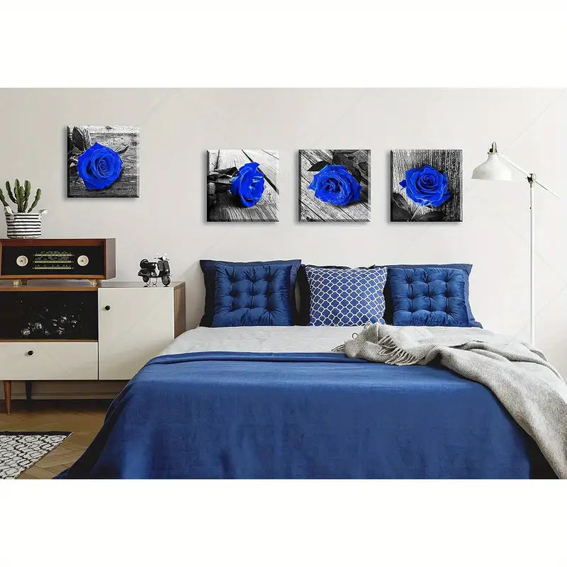 4pcs Royal Blue Rose Pictures & Gray Print Wall Art Canvas Framed - Bella Home Decor