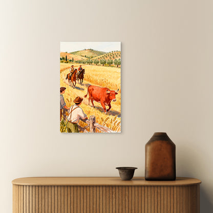 Farmers on Horseback Following a Bull 60x90cm Metal Print Ready to Hang