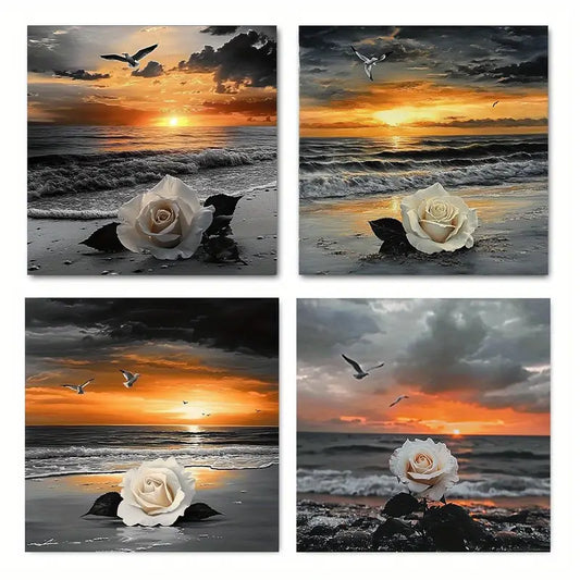 4pcs  Black and White Golden Sea Sunset  KL  Wall Art Canvas Framed