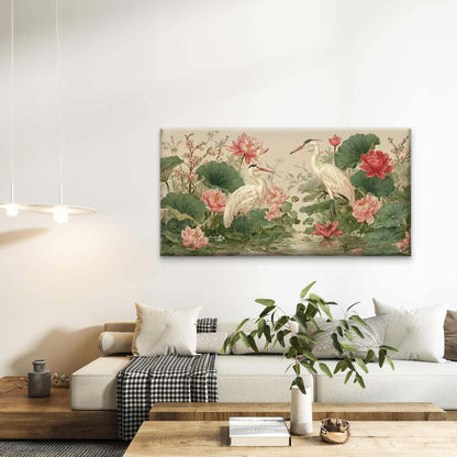Two Herons Bird & for Lotus Wall Art Canvas Office Home Room Framed 120x60cm - Bella Home Decor