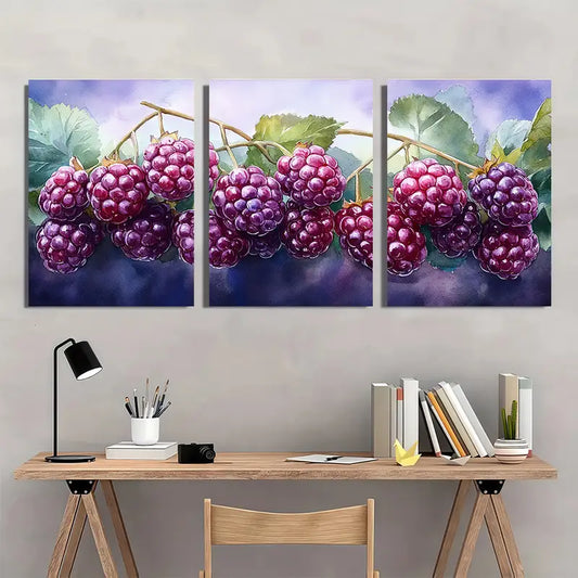 3pcs Blackberry Watercolor Painting Metal Print Ready to Hang Art