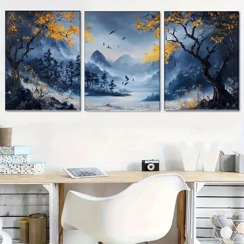 3pcs Triple Golden Landscape Metal Print Ready to Hang Art