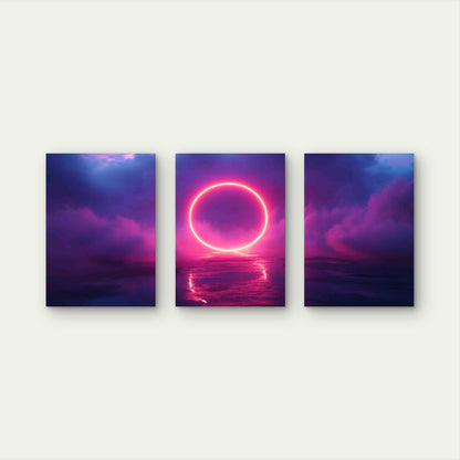 3pcs Neon Ring Stormy Cloud Dark Sky Metal Print Ready to Hang Art - Bella Home Decor
