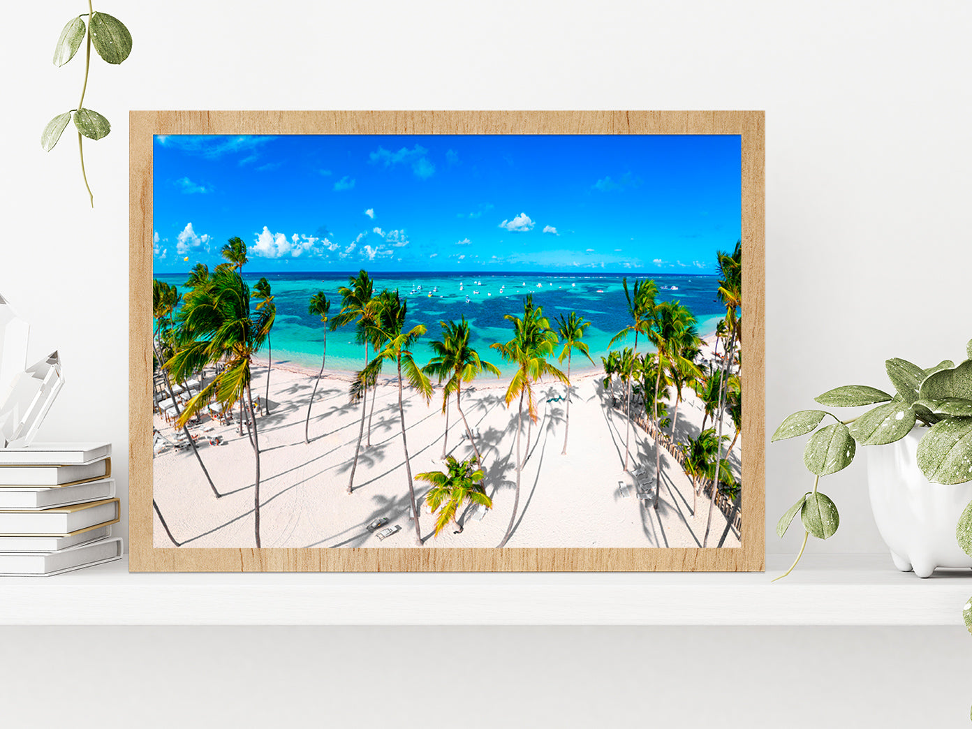 White Sand Bavaro Beach Palm Trees Glass Framed Wall Art, Ready to Hang Quality Print Without White Border Oak