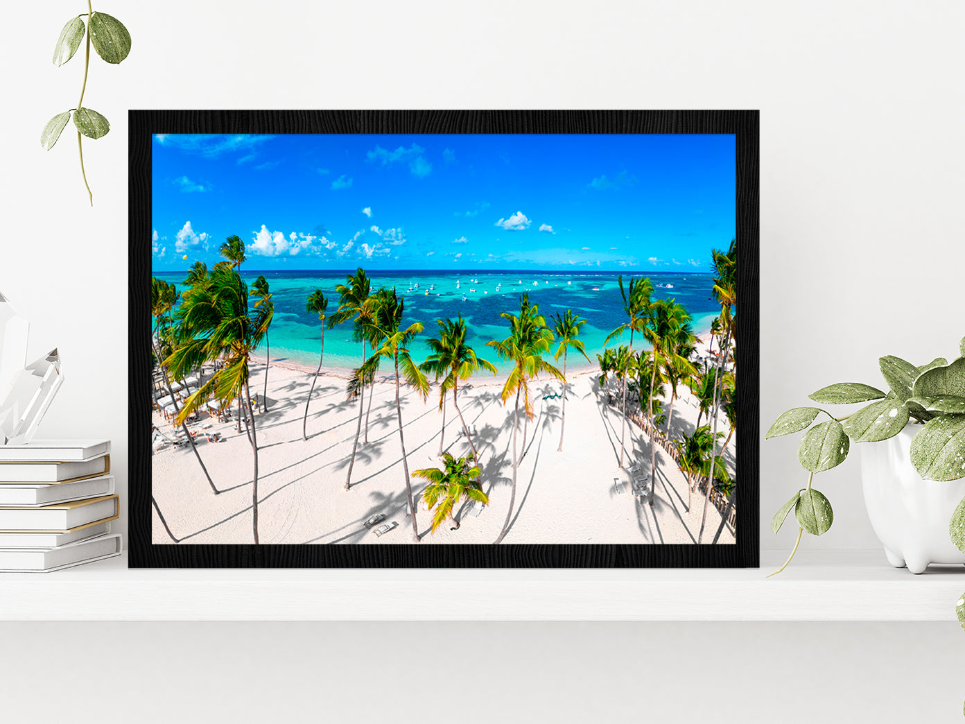 White Sand Bavaro Beach Palm Trees Glass Framed Wall Art, Ready to Hang Quality Print Without White Border Black