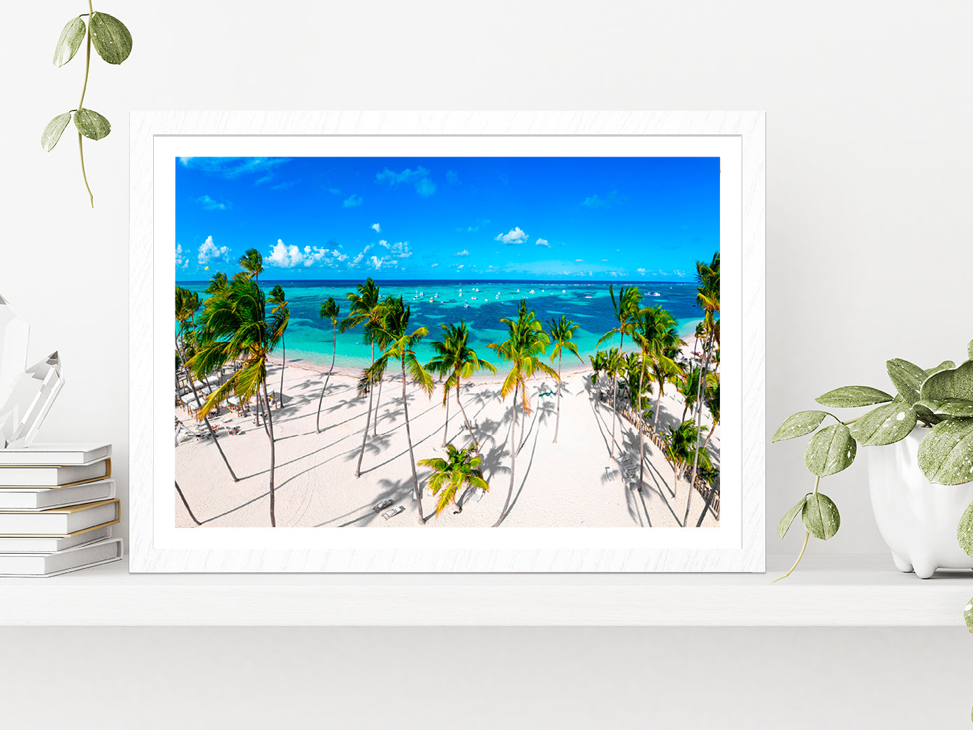 White Sand Bavaro Beach Palm Trees Glass Framed Wall Art, Ready to Hang Quality Print With White Border White