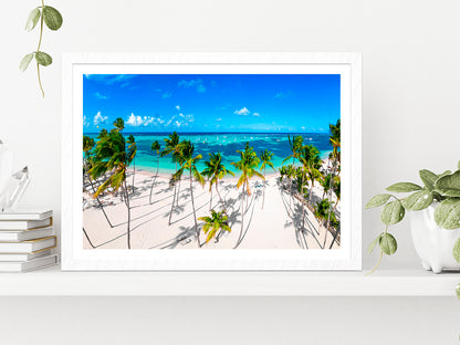 White Sand Bavaro Beach Palm Trees Glass Framed Wall Art, Ready to Hang Quality Print With White Border White