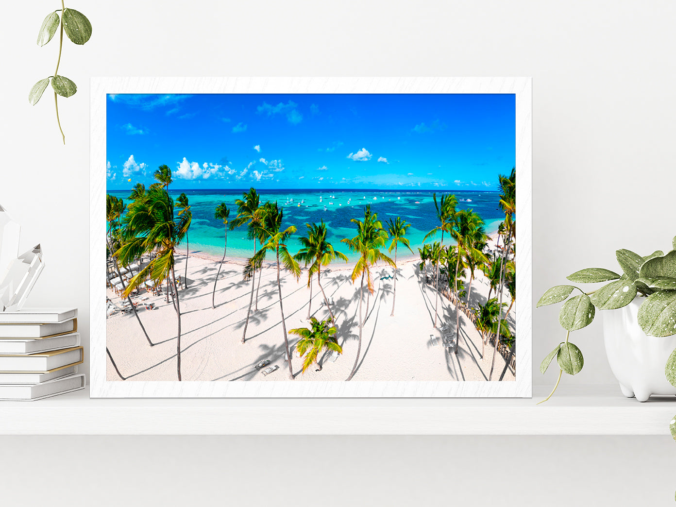 White Sand Bavaro Beach Palm Trees Glass Framed Wall Art, Ready to Hang Quality Print Without White Border White