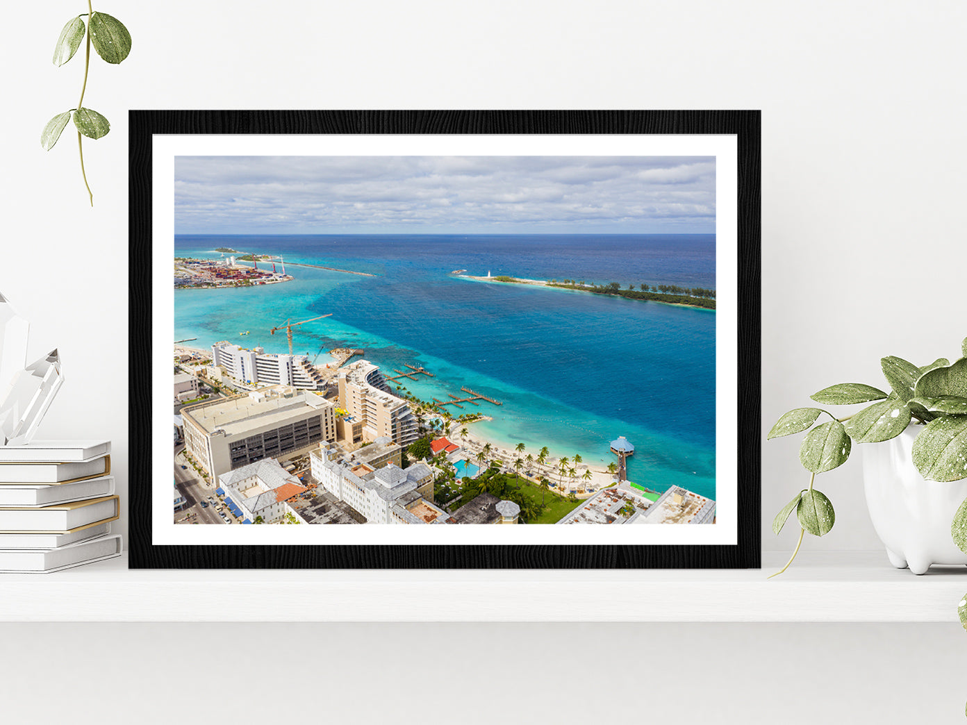 Port Of Nassau Bahamas Cityscape Glass Framed Wall Art, Ready to Hang Quality Print With White Border Black