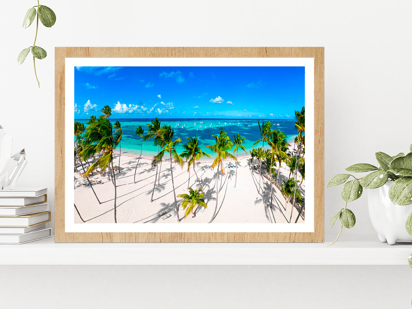 White Sand Bavaro Beach Palm Trees Glass Framed Wall Art, Ready to Hang Quality Print With White Border Oak