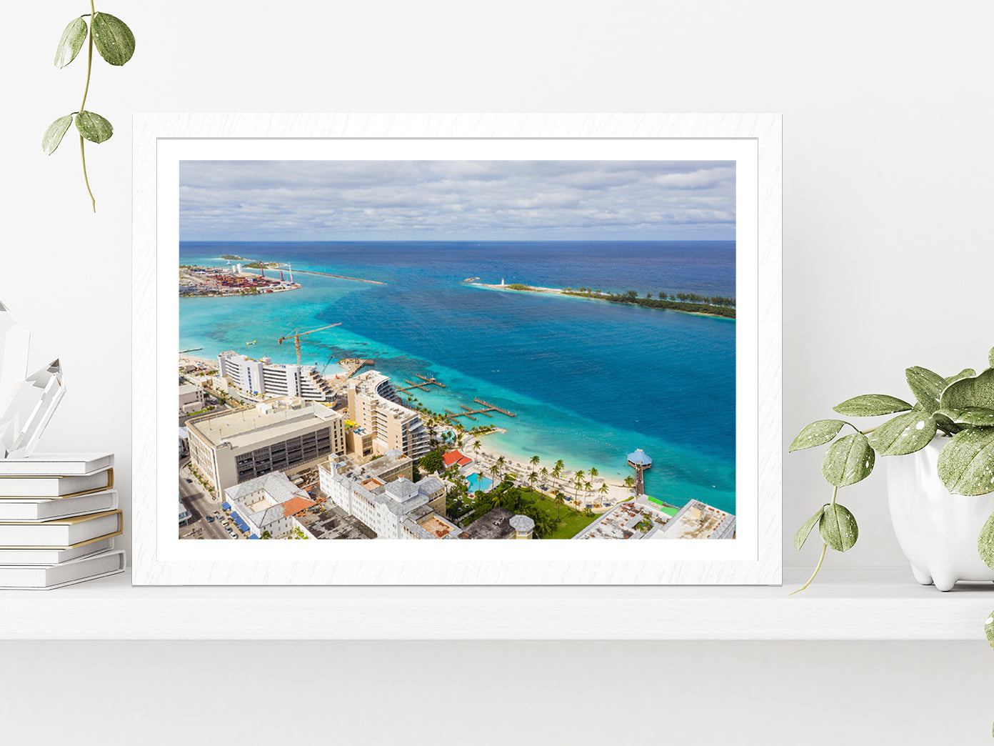 Port Of Nassau Bahamas Cityscape Glass Framed Wall Art, Ready to Hang Quality Print With White Border White