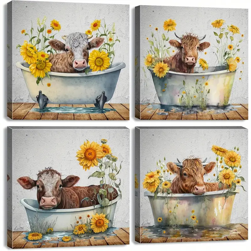 4pcs Cute Cattle In Bathtub Wall Art Canvas Framed