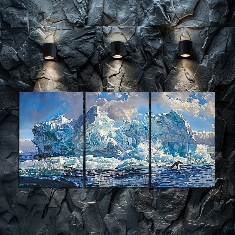 3pcs Iceberg Seascape Coastal Antarctica Scenery Wall Art Set Canvas Framed 50x70cm - High Quality Print 100% Australian Made Wall Canvas Ready to Hang