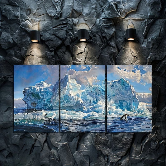 3pcs Iceberg Seascape Coastal Antarctica Scenery Wall Art Set Canvas Framed 50x70cm - High Quality Print 100% Australian Made Wall Canvas Ready to Hang