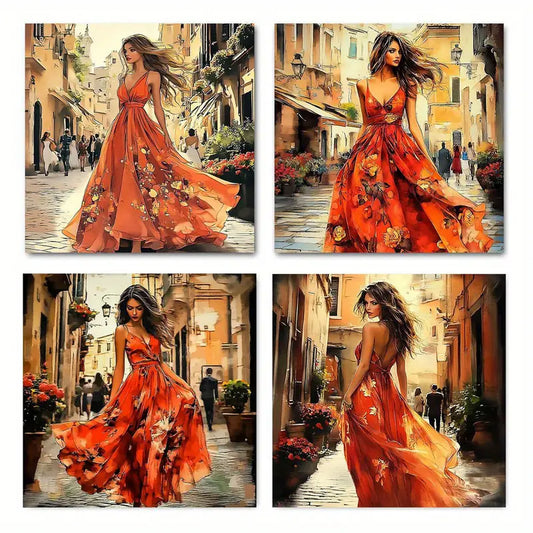 4pcs Beautiful Woman In Red Dress Wall Art Canvas Framed