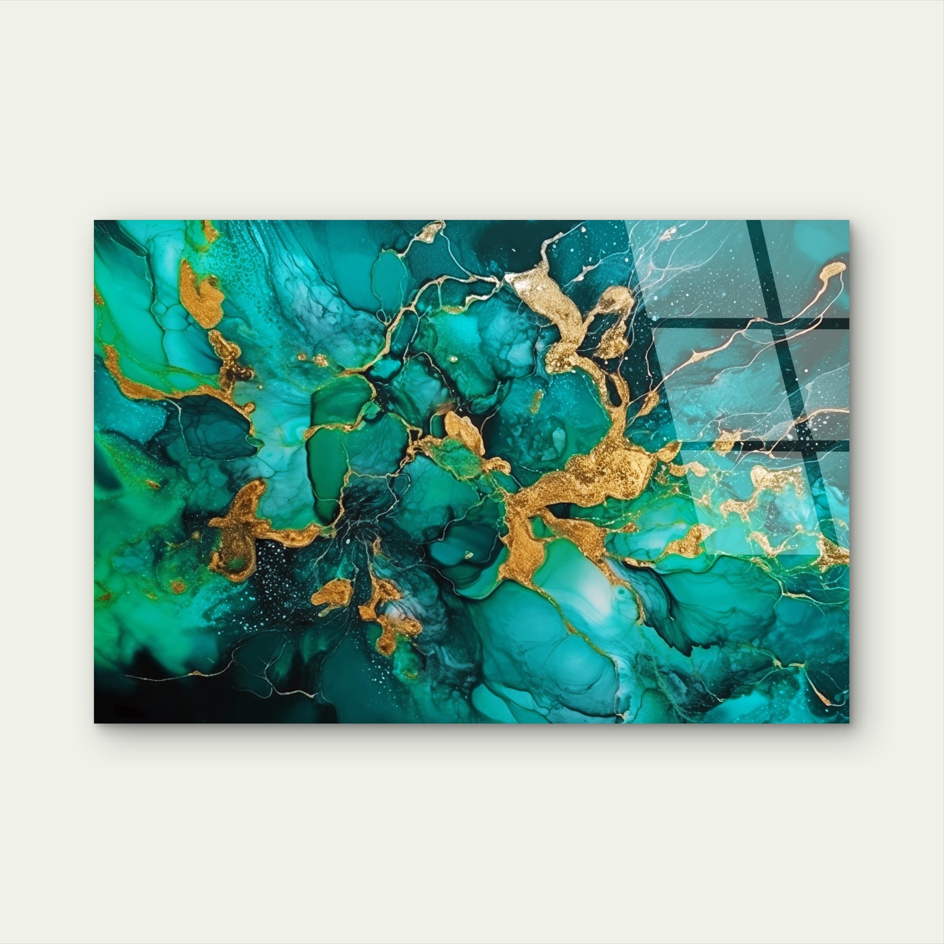 Green Gold Abstract Fluid Ink Painting Acrylic Glass Printing Wall Art Australian Made Quality