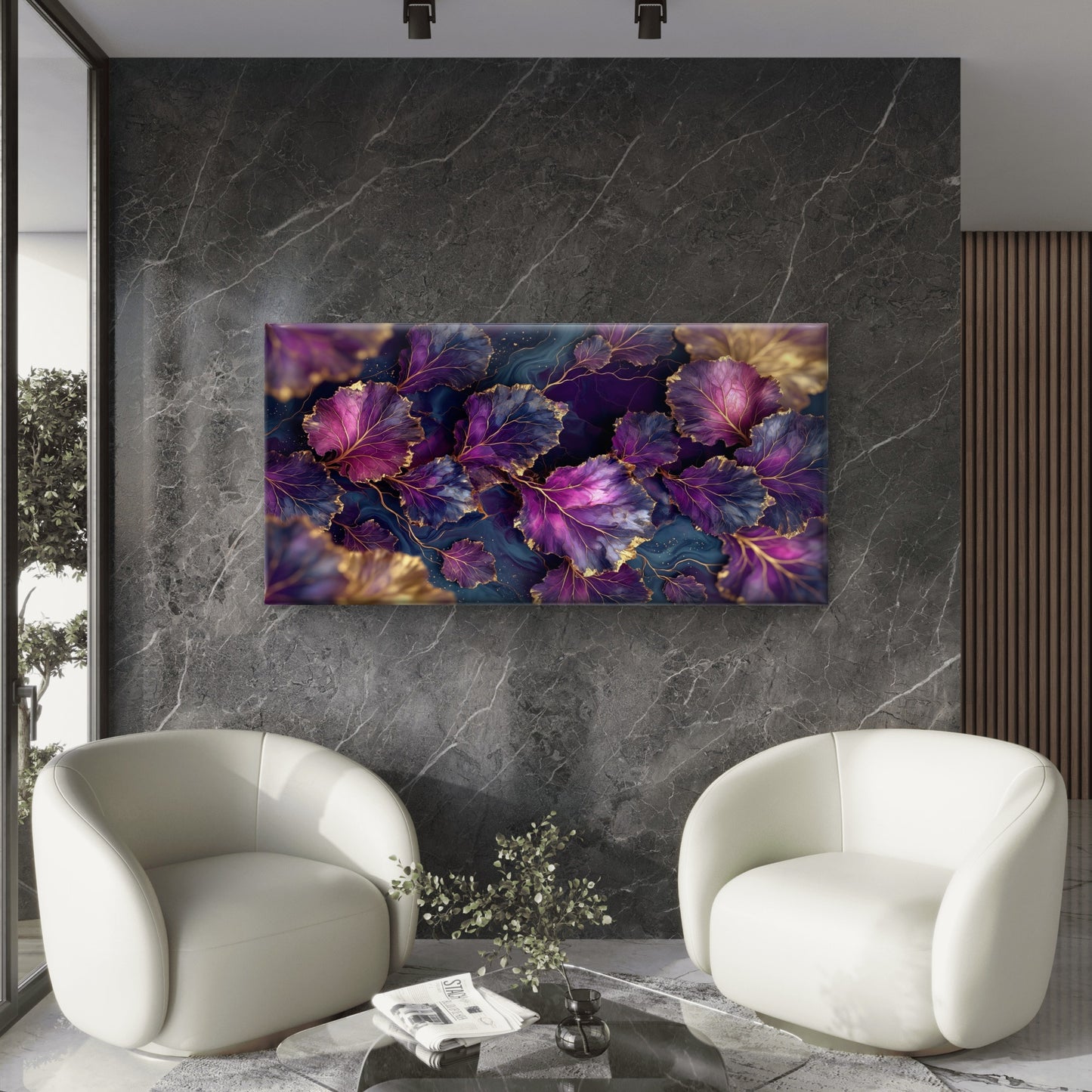 Purple Gold Foil Luxury Leaf Foliage Wall Art Canvas Office Home Framed 120x60cm