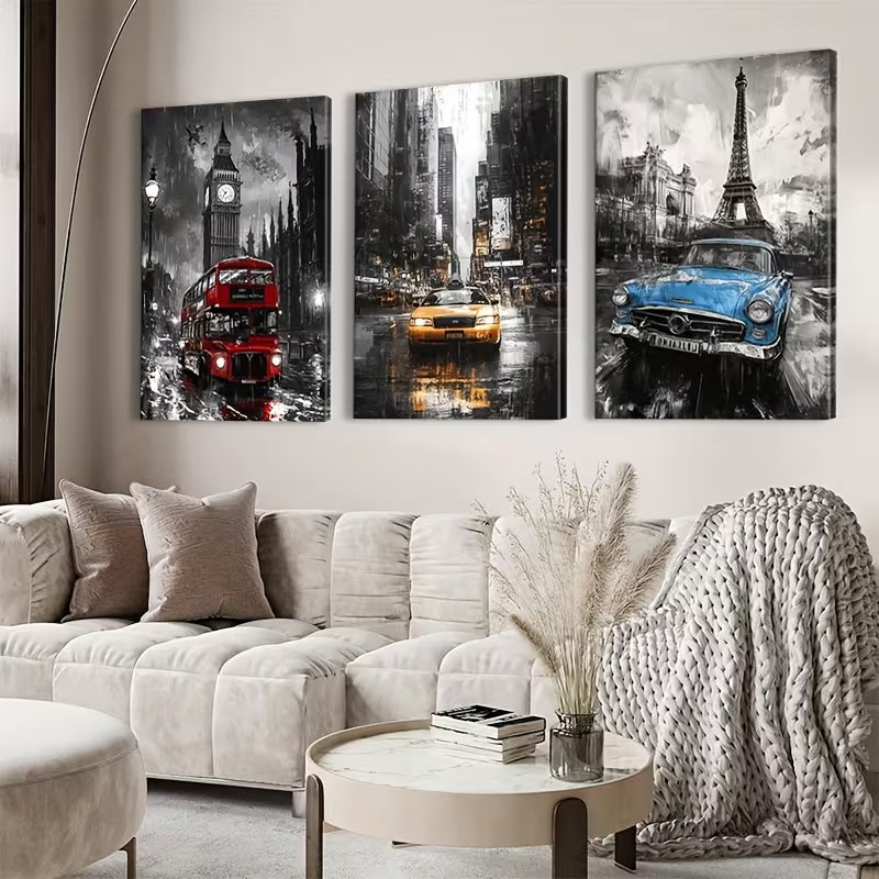 3pcs Colorful Cars in New York Paris London Wall Art Set Canvas Framed 40x60cm - High Quality Print 100% Australian Made Wall Canvas Ready to Hang - Bella Home Decor