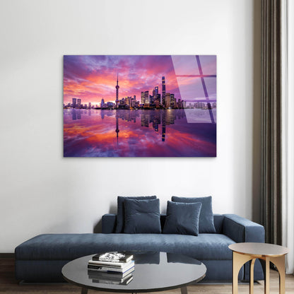 Shanghai Skyline Pudong Pink Sunset  Acrylic Glass Printing Wall Art Australian Made Quality