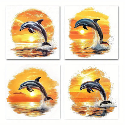 4pcs Dolphin Sunse Elegant  Wall Art Canvas Framed
