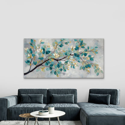 Blue & Golden Leaf White Branch Wall Art Canvas Office Home Room Framed 120x60cm