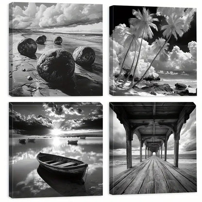 4pcs Floral & Landscape Ink  Wall Art Canvas Framed