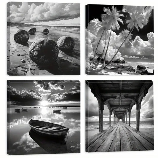 4pcs Floral & Landscape Ink  Wall Art Canvas Framed