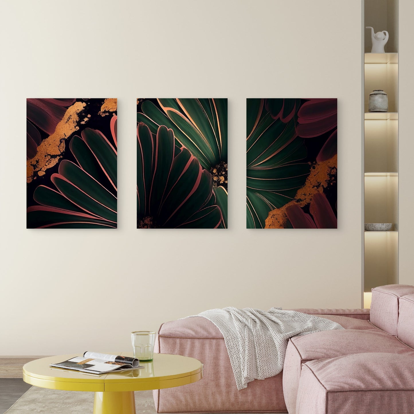 3pcs Green Rose Gold Luxury Metallic Foil   Wall Art Set Canvas Framed 40x60cm - High Quality Print 100% Australian Made Wall Canvas Ready to Hang