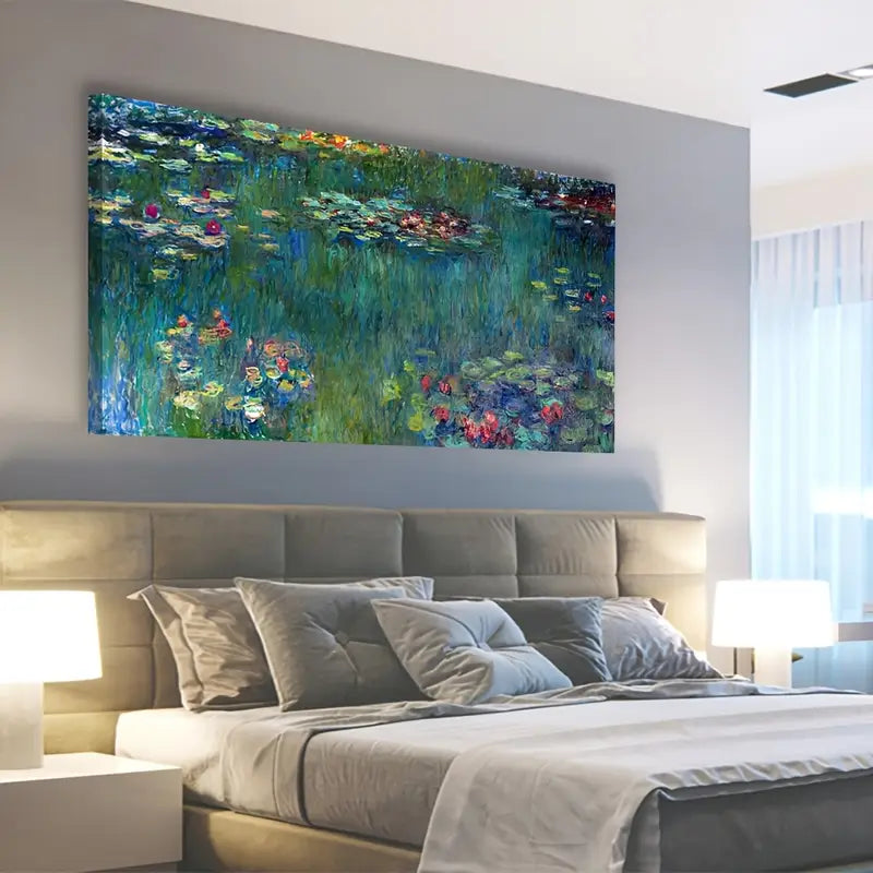 Green Garden Water Lilies Wall Art canvas office home room framed 120x60cm - Bella Home Decor