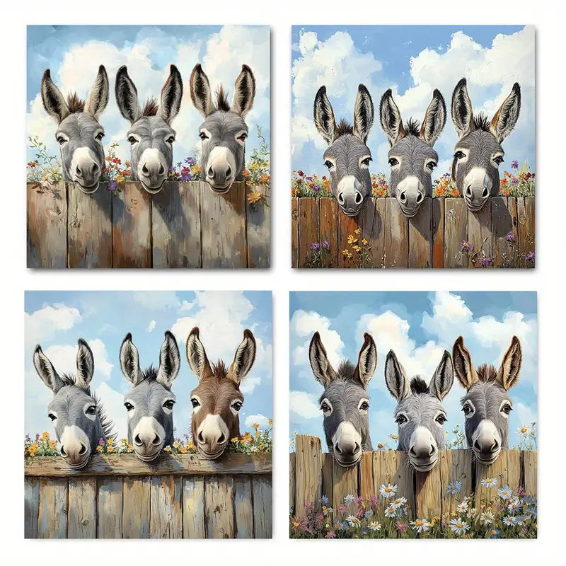 4pcs Charming Donkey Canvas Art Prints Wall Art Canvas Framed