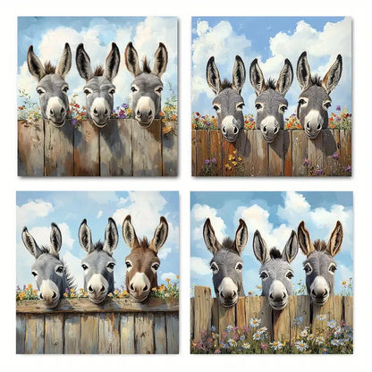 4pcs Charming Donkey Canvas Art Prints Wall Art Canvas Framed