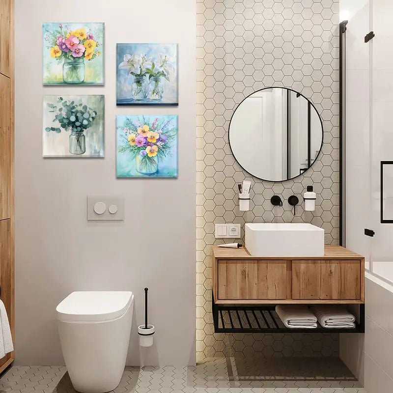 4pcs Bouquet Design  Floral Illustration  Wall Art Canvas Framed