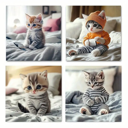 4pcs Adorable Gray Tabby Kitten Stylish  FT  Wall Art Canvas Framed