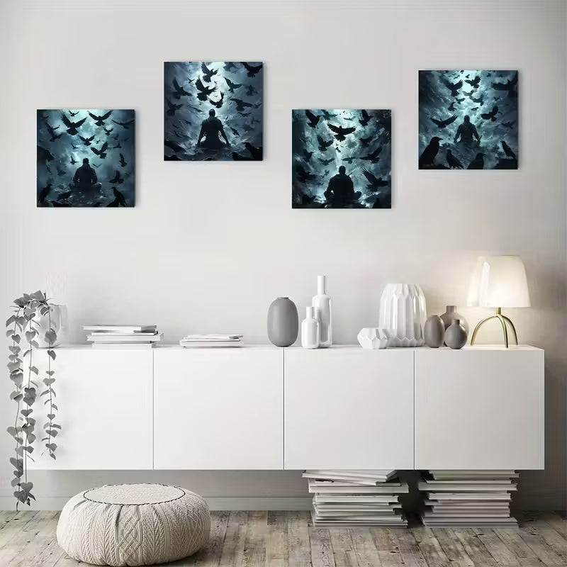 4pcs Decor Crow floc Wall Art Canvas Framed