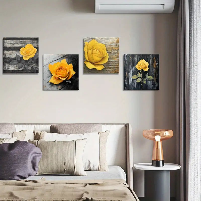 4pcs Yellow Rose Interior Designers  Wall Art Canvas Framed