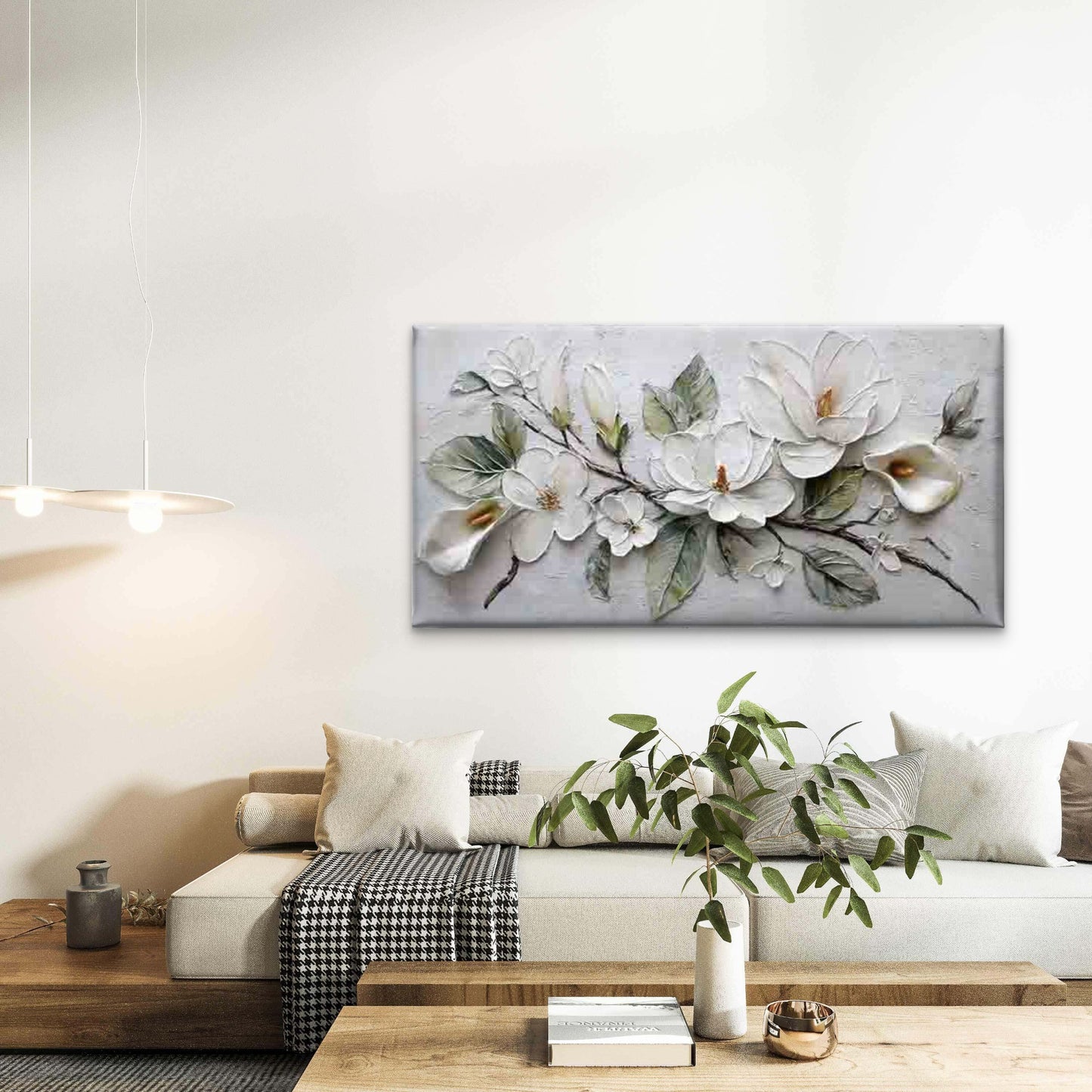 Abstract Design of White Flower Wall Art Canvas Office Home Room Framed 120x60cm - Bella Home Decor