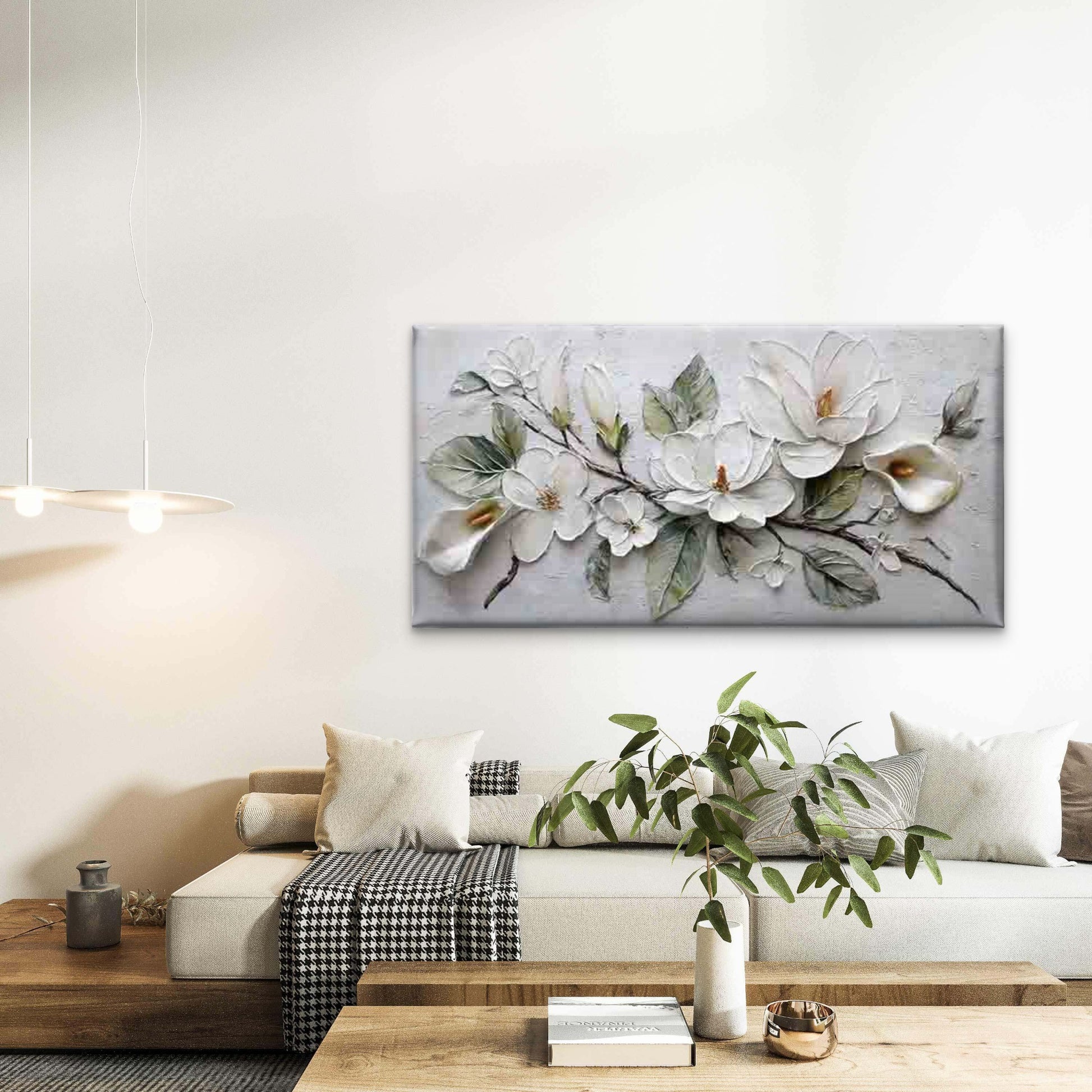 Abstract Design of White Flower Wall Art Canvas Office Home Room Framed 120x60cm - Bella Home Decor