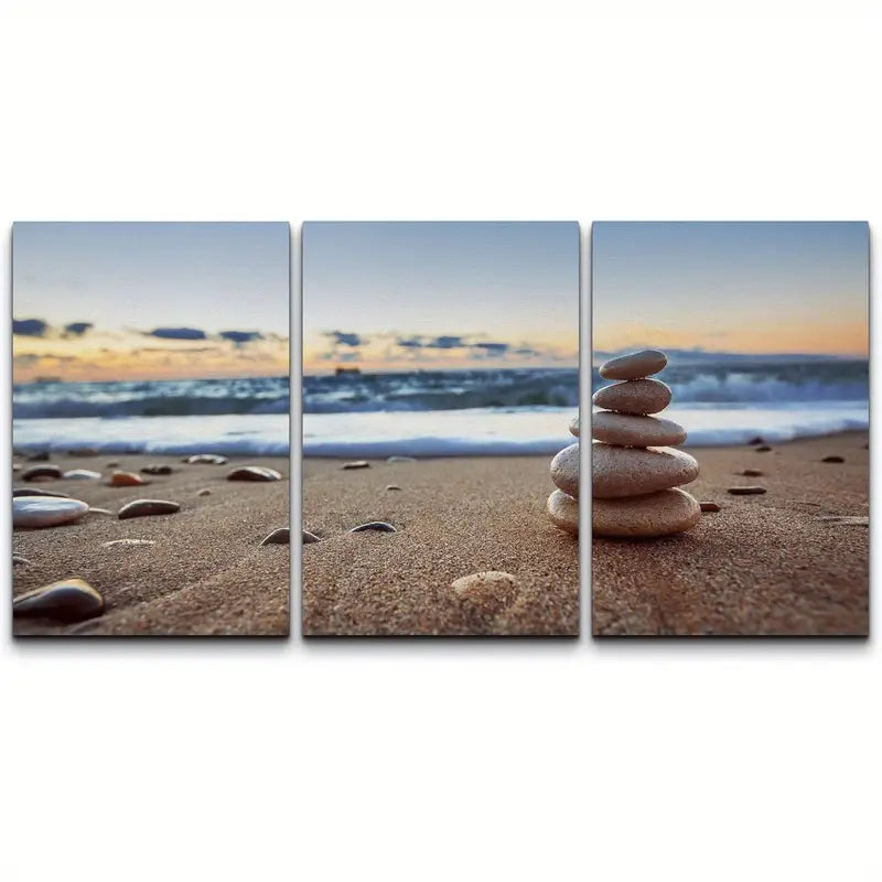 3pcs Beach Scene With Pebbles & Ocean View Metal Print Ready to Hang Art - Bella Home Decor