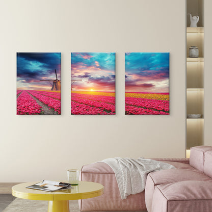 3pcs Netherlands Windmill Tulip Field Sunset Wall Art Set Canvas Framed 50x70cm - High Quality Print 100% Australian Made Wall Canvas Ready to Hang