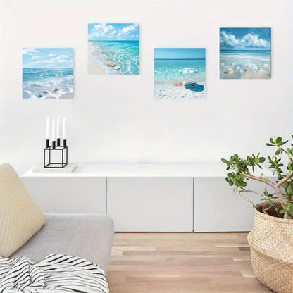 4pcs Blue Sea Shell Starfis Decorative Wall Art Canvas Framed