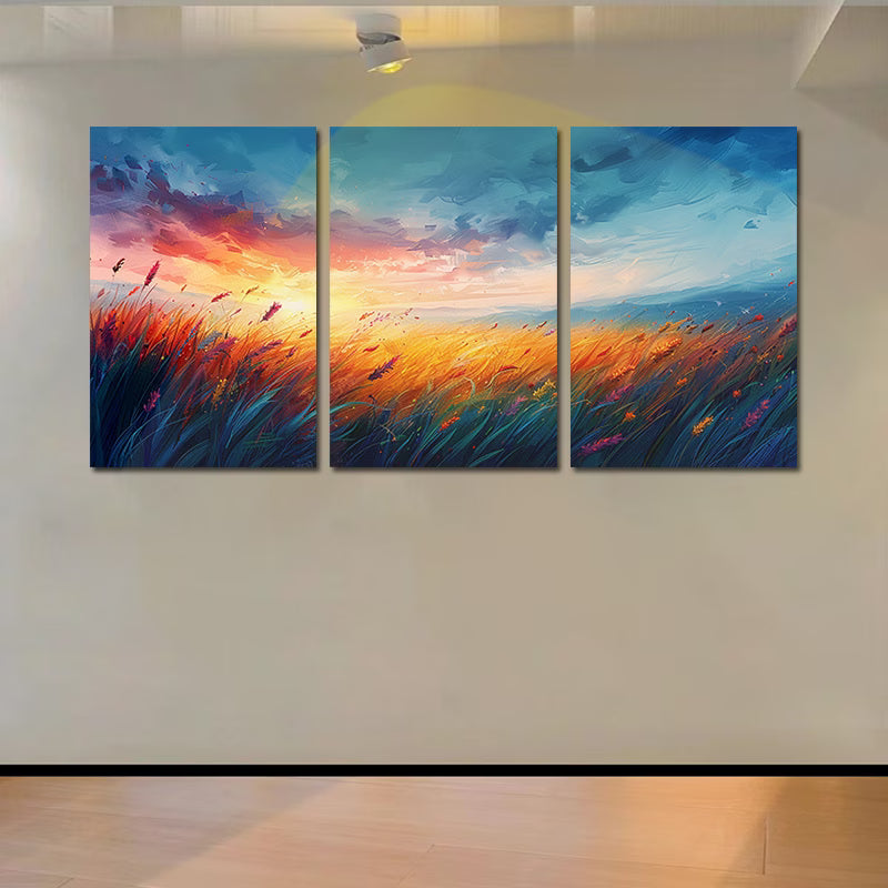 3pcs Vibrant Sunset Over a Field of Tall Grass Wall Art Set Canvas Framed 60x90cm - High Quality Print 100% Australian Made Wall Canvas Ready to Hang