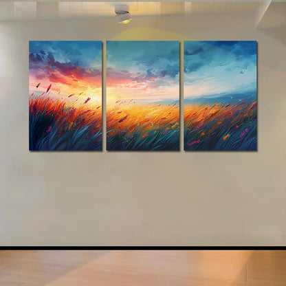 3pcs Vibrant Sunset Over a Field of Tall Grass Wall Art Set Canvas Framed 60x90cm - High Quality Print 100% Australian Made Wall Canvas Ready to Hang