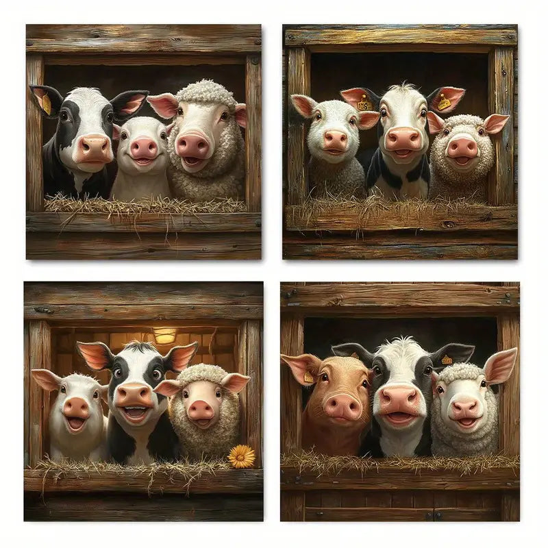 4pcs Rustic Farm Animals  Classic Retro RAR Wall Art Canvas Framed