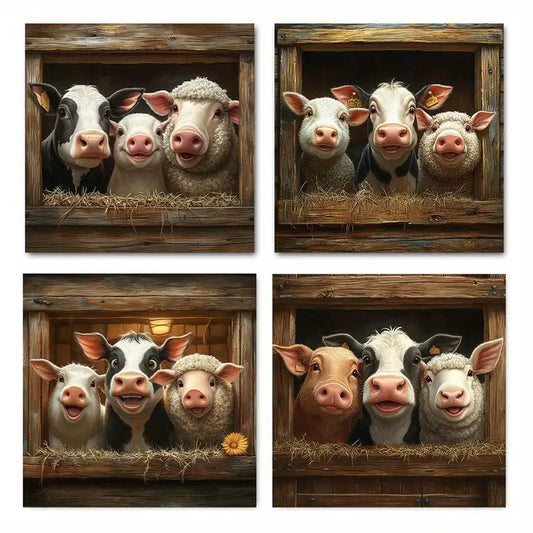 4pcs Rustic Farm Animals  Classic Retro RAR Wall Art Canvas Framed