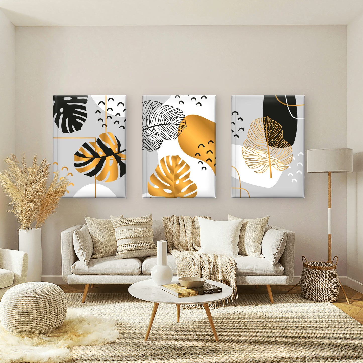 3pcs Modern Boho Gold Monstera Leaf Trio   Wall Art Set Canvas Framed 40x60cm - High Quality Print 100% Australian Made Wall Canvas Ready to Hang