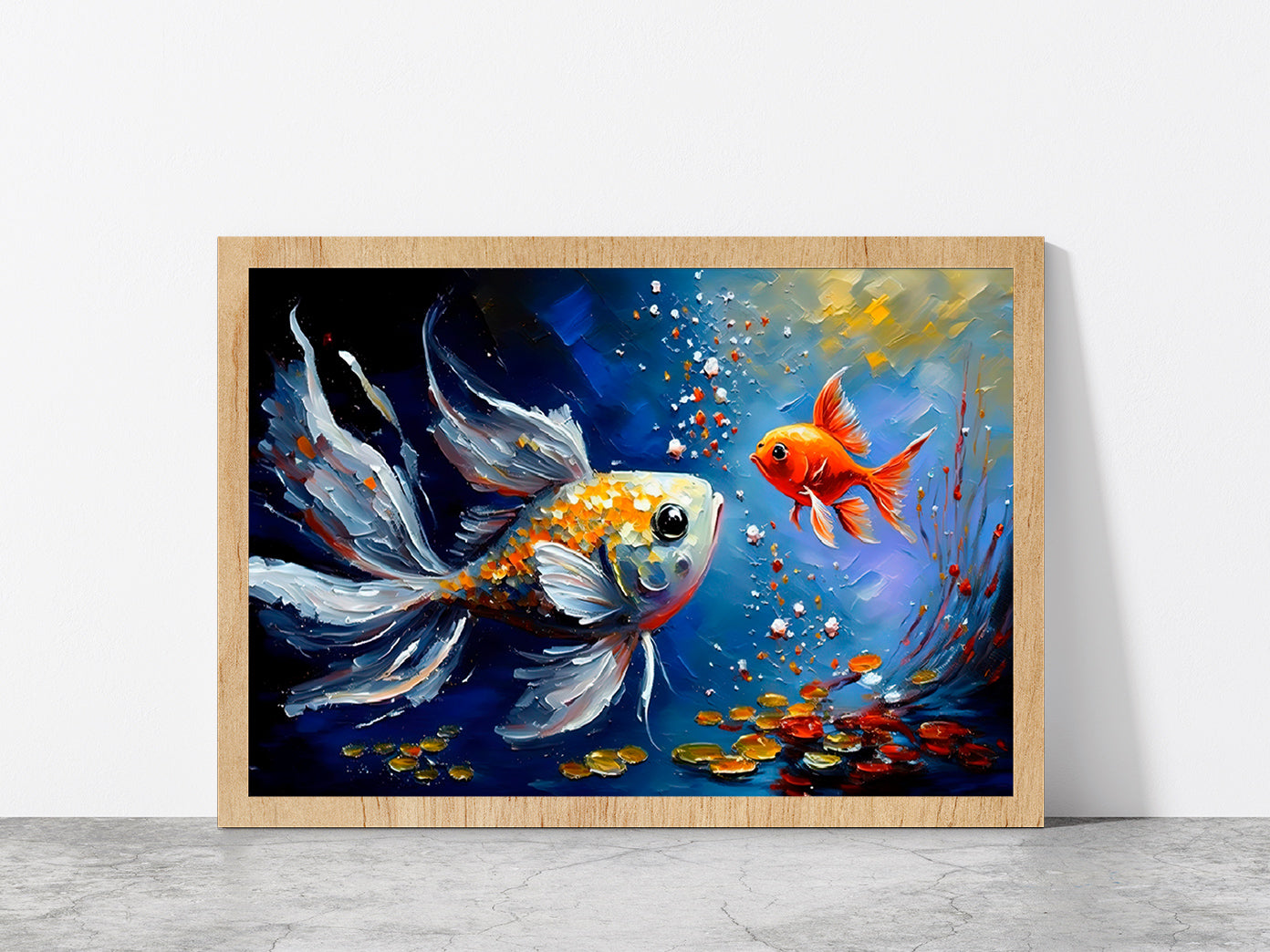 Gold Fish Colorful Oil Painting Glass Framed Wall Art, Ready to Hang Quality Print Without White Border Oak